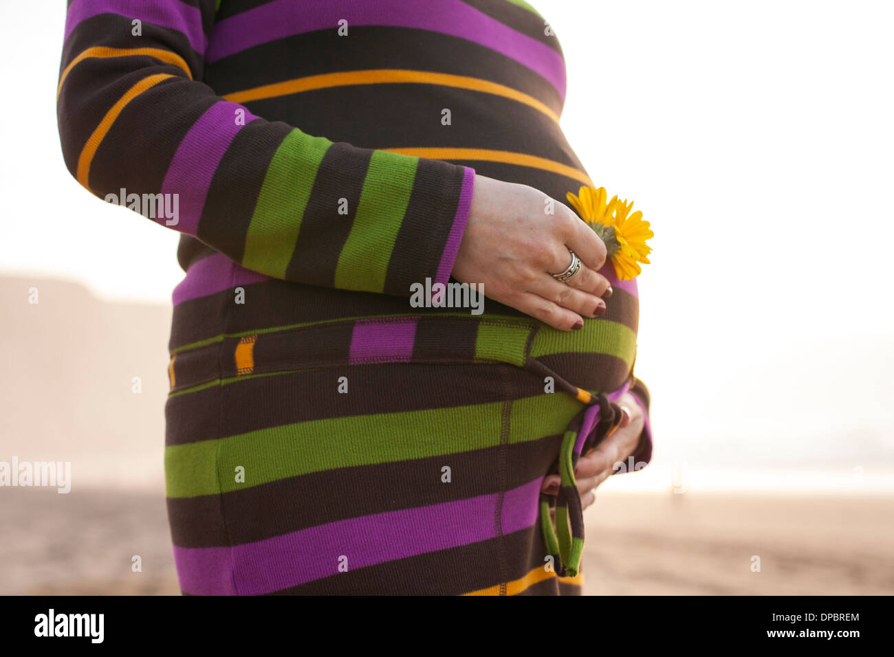 Pregnant woman holding yellow flower in hand during sunset. Stock Photo