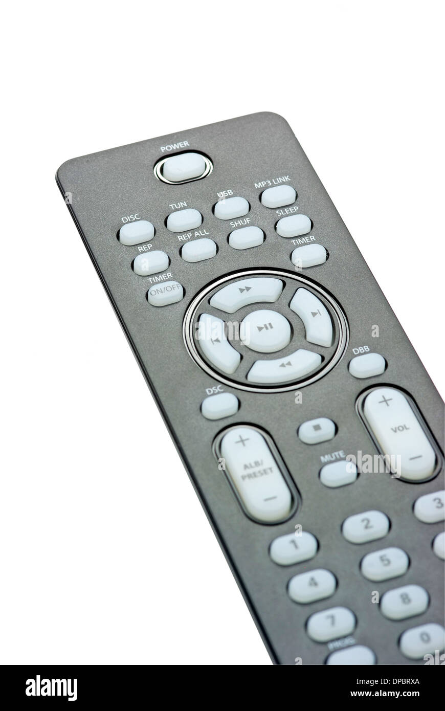Audio system remote on a white background Stock Photo - Alamy