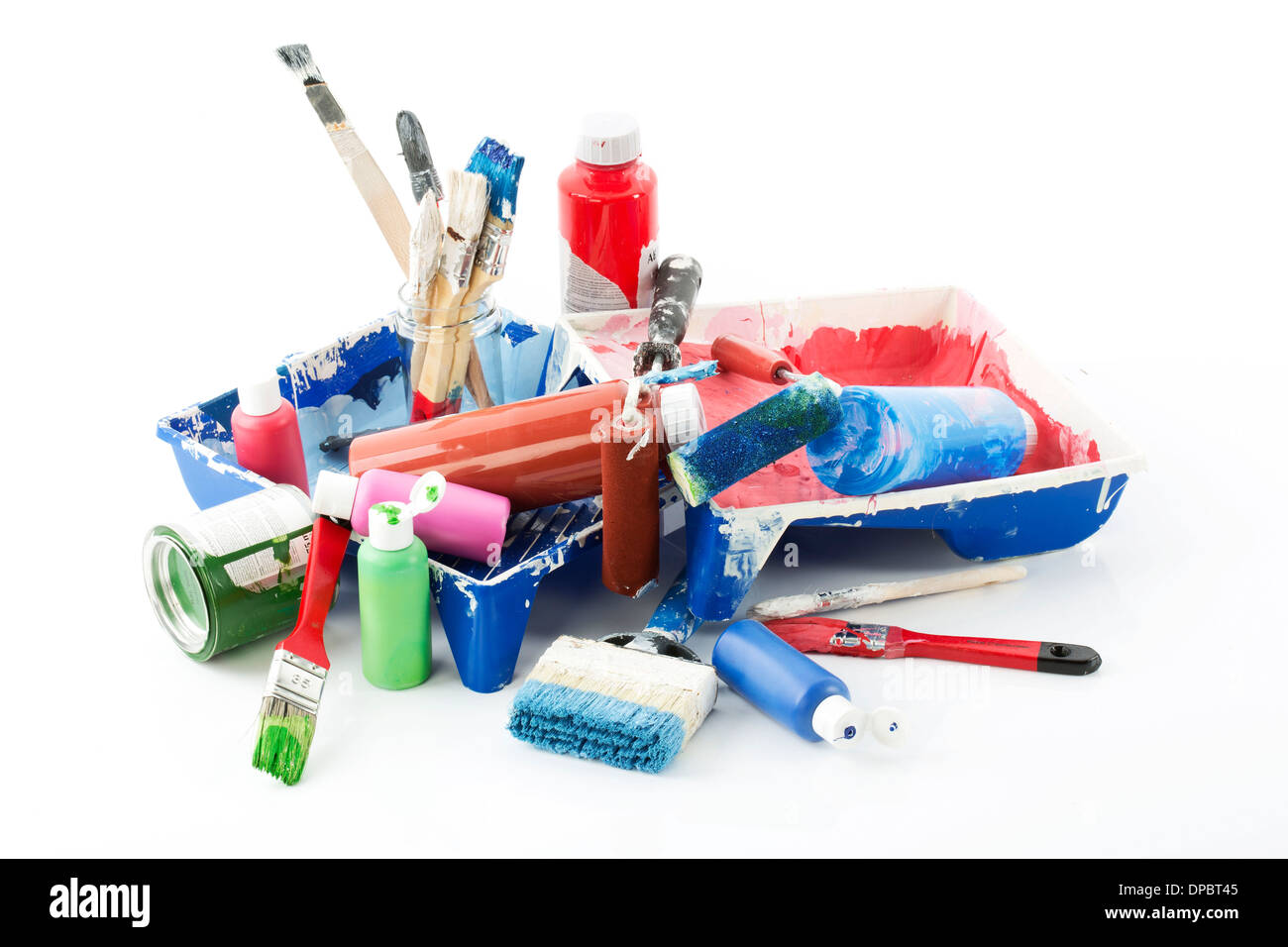 Painting tools, brushes, paint bottles Stock Photo Alamy