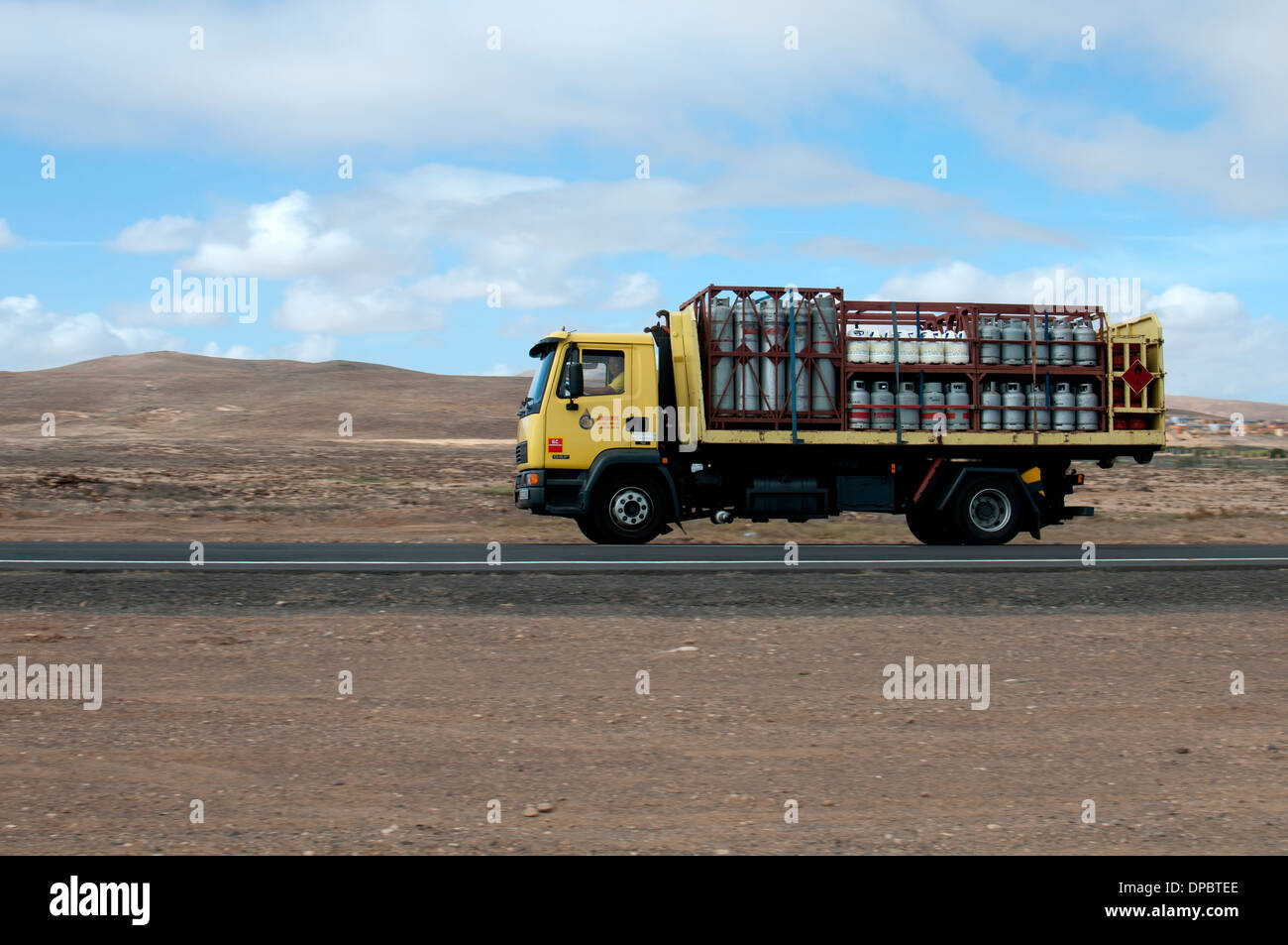 Lorry with gas bottles near Caleta de Fuste, Fuerteventura, Canary Islands, Spain. Stock Photo