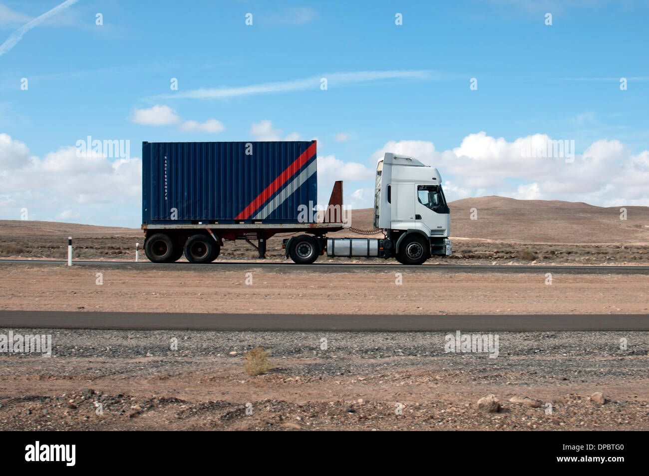 Shipping container lorry near Caleta de Fuste, Fuerteventura, Canary Islands, Spain. Stock Photo