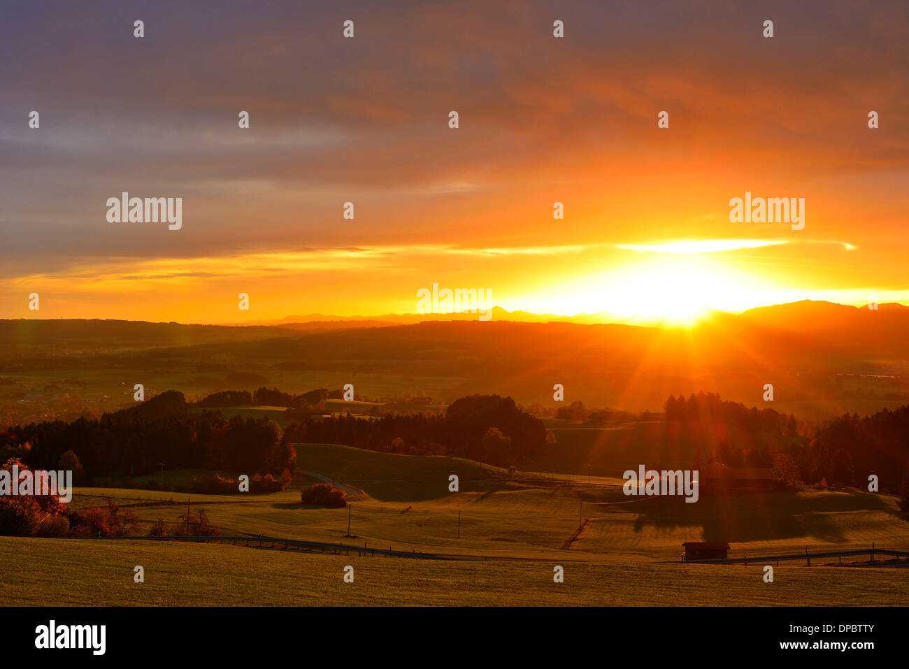 Germany, Bavaria, Upper Bavaria, Pfaffenwinkel, Alpine foothills, sunrise at Auerberg Stock Photo