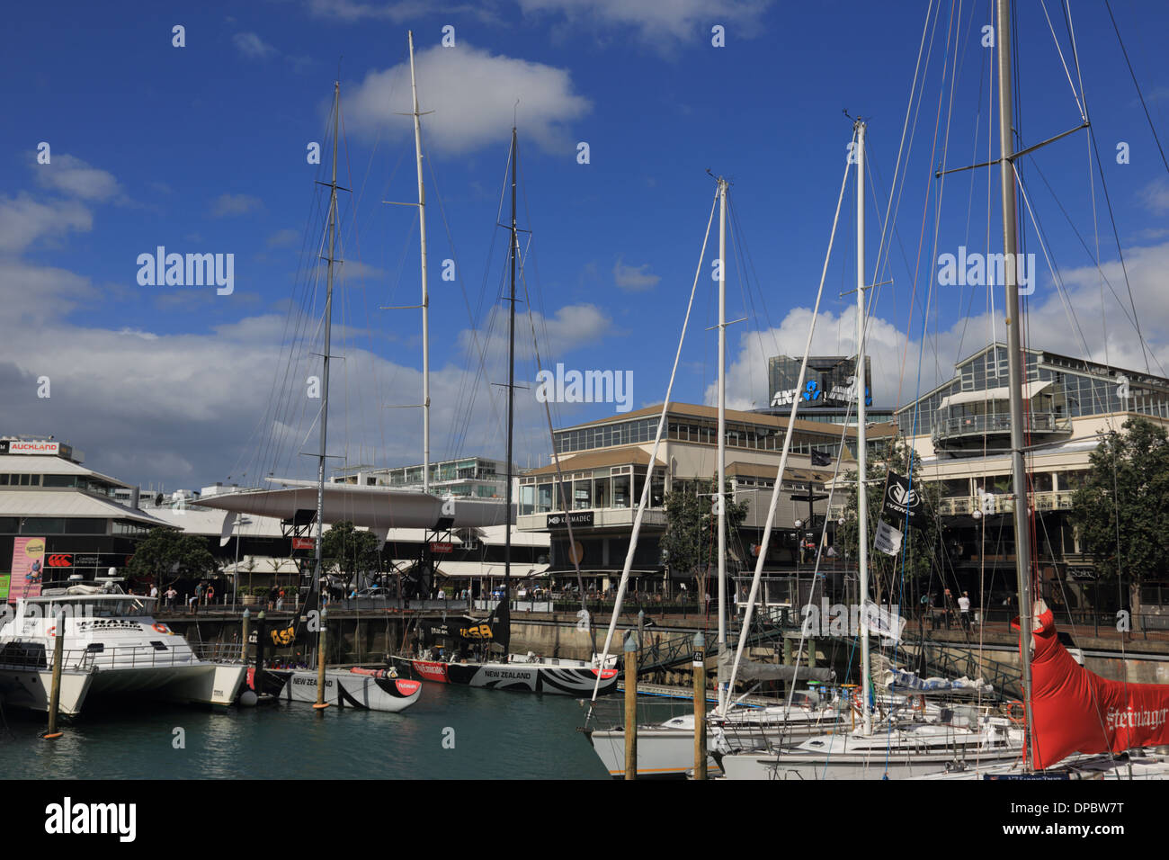 View of Viaduct Basin Harbour including KZ1 yacht, Auckland, North Island, New Zealand Stock Photo