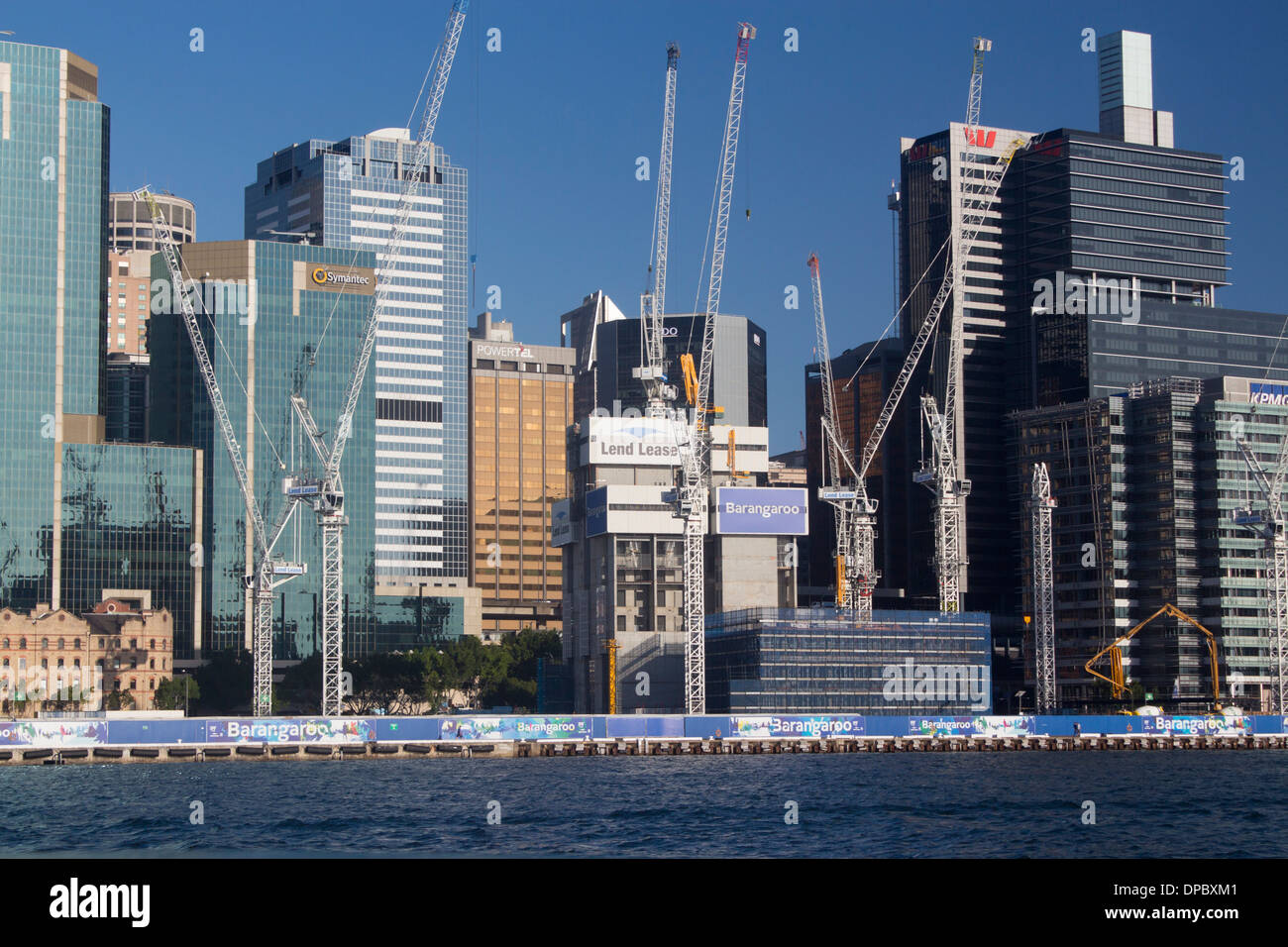 Barangaroo construction development with cranes, high rise buildings from Darling Harbour Sydney New South Wales NSW Australia Stock Photo