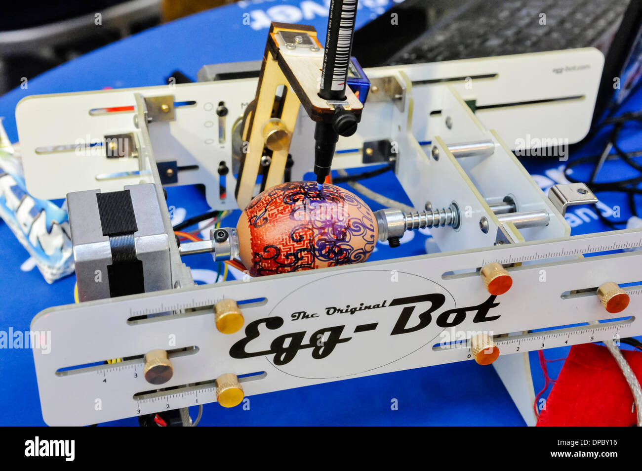 Dublin, Ireland. 11 Jan 2014 - An Egg Bot draws a design on an egg. Stock Photo