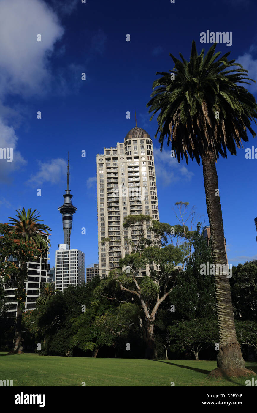 View of the Sky Tower from Albert Park, Auckland, New Zealand Stock Photo