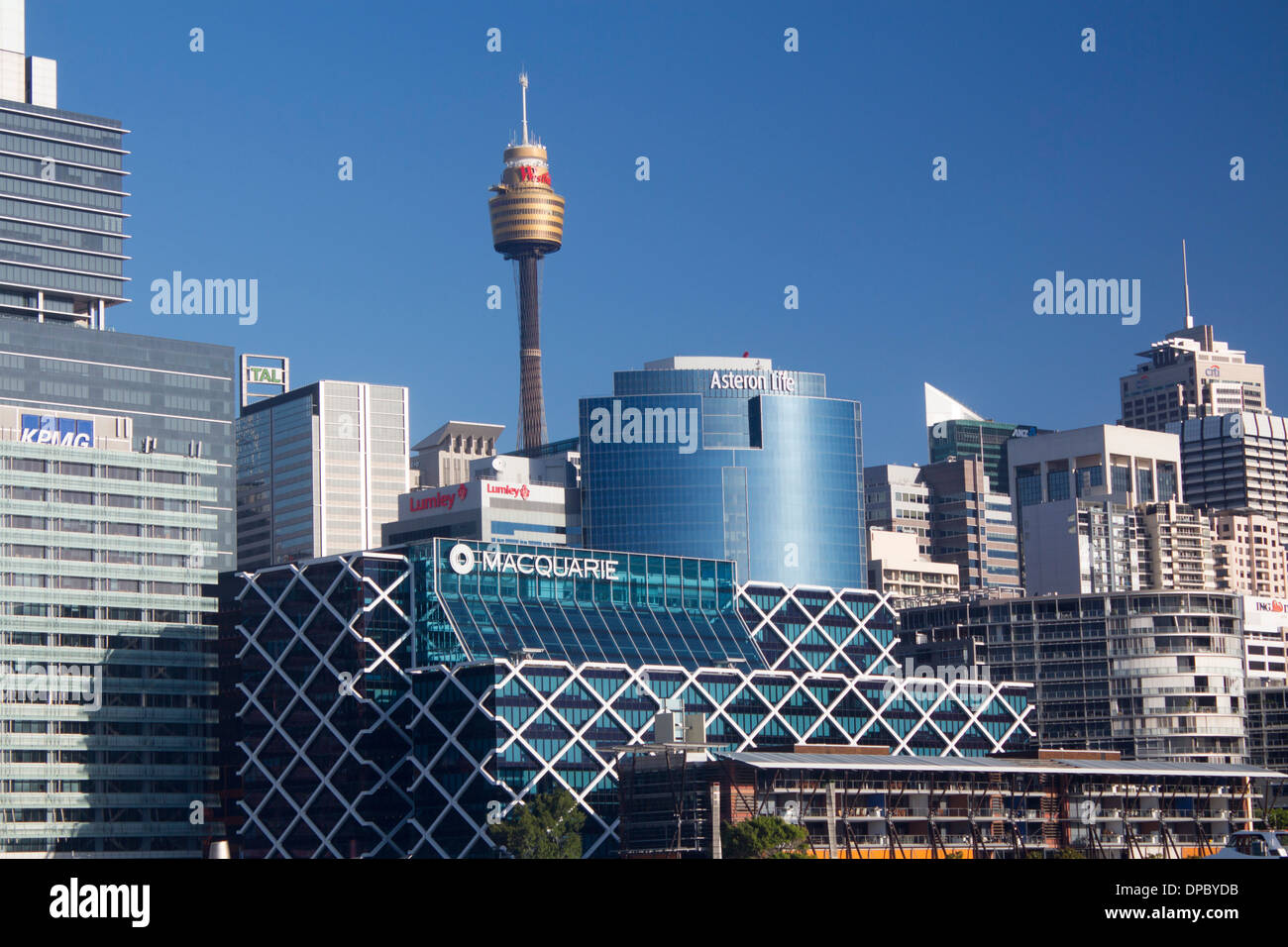 Sydney CBD Central Business District skyline skyscrapers and Westfield Sydney Tower from Darling Harbour Sydney NSW Australia Stock Photo