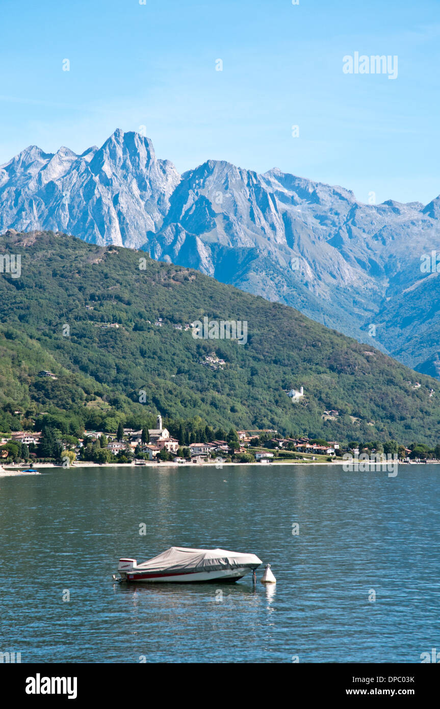 View of Sorico in Lake Como, Italy. In the background, the Piz Badile mountain Stock Photo