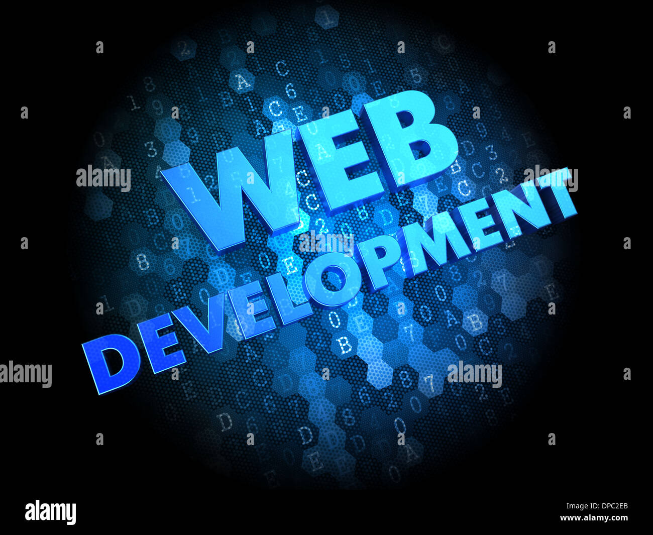 Web Development - Blue Color Text on Dark Digital Background. Stock Photo