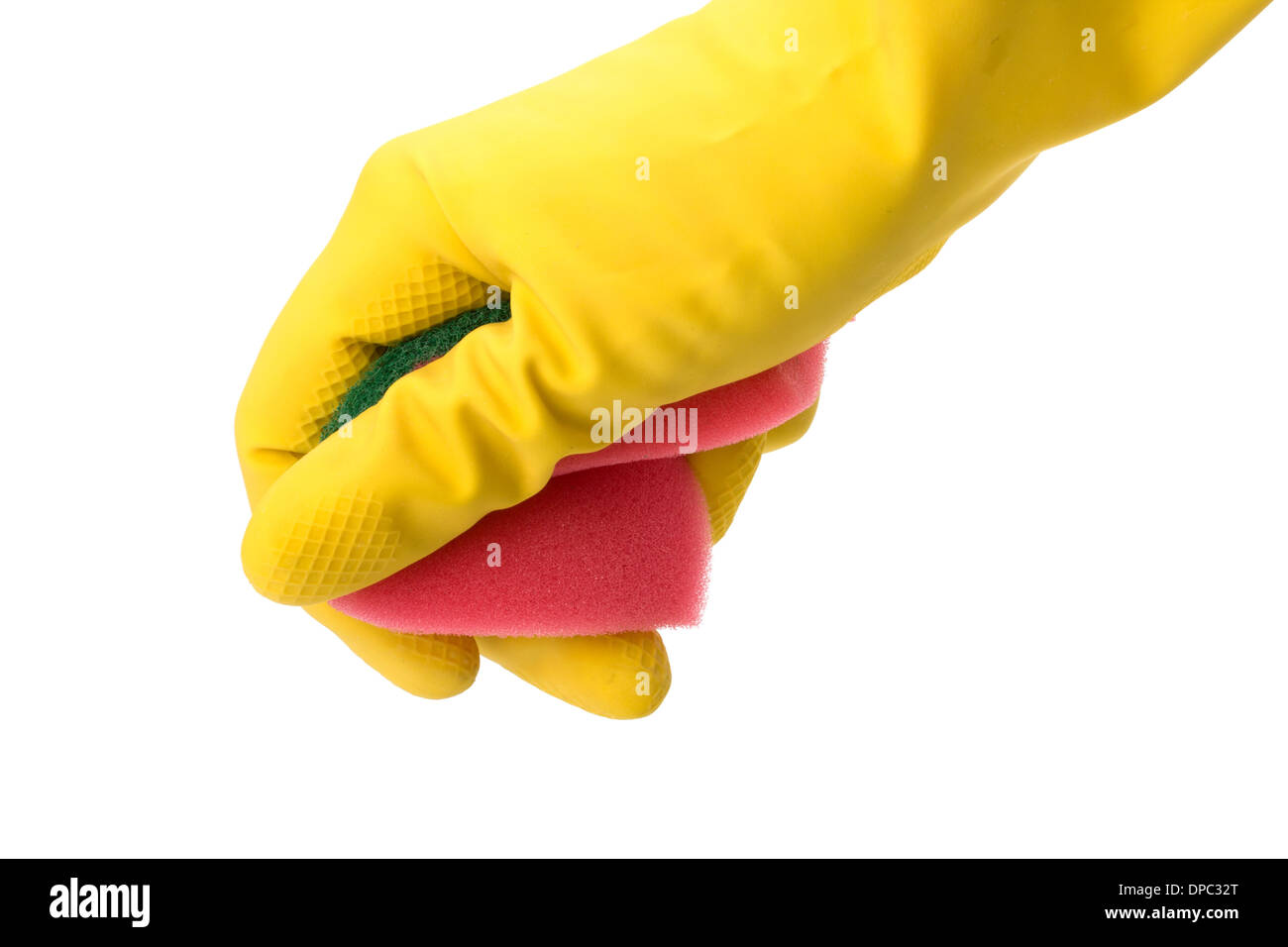 Hand in yellow glove with sponge isolated on white background Stock ...