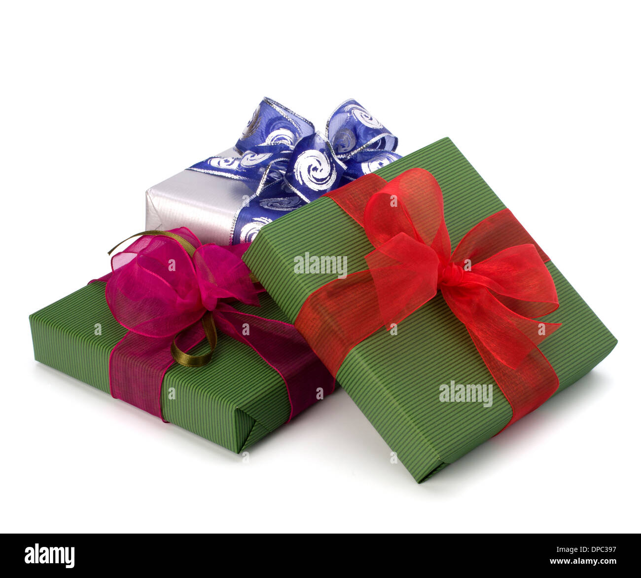 festive gift box stack isolated on white background Stock Photo - Alamy