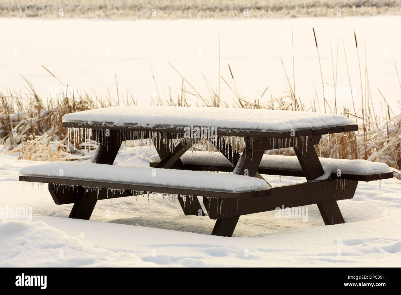 Picnic table with snow and icicles after a winter storm Stock Photo