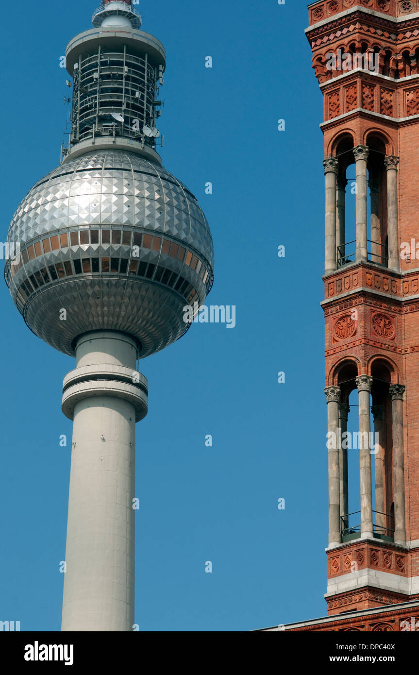 Germany, Berlin, Red Town Hall background  Fernsehturm TV Tower Stock Photo