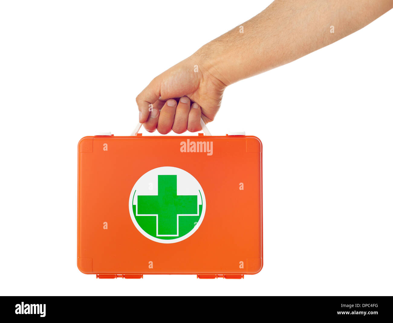 Hand of young man holding first aid kit. Stock Photo