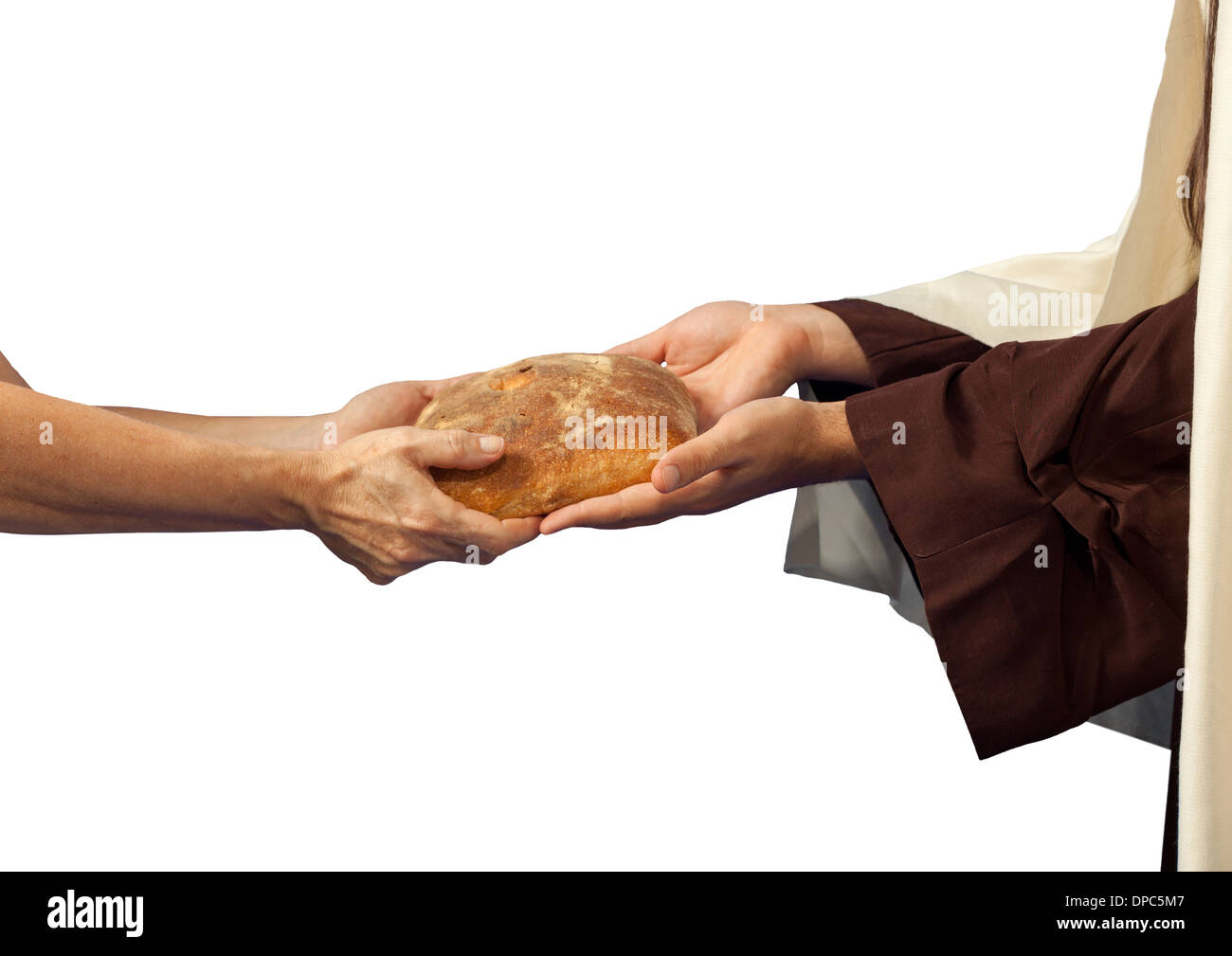 Jesus gives the bread to a beggar on white background Stock Photo