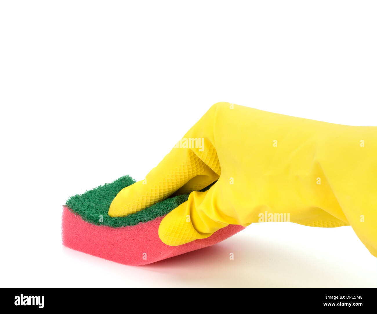Hand in yellow glove with sponge isolated on white background Stock ...