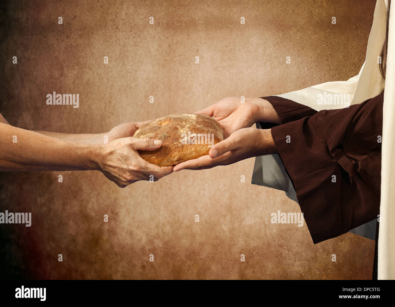 Jesus gives the bread to a beggar on beige background Stock Photo