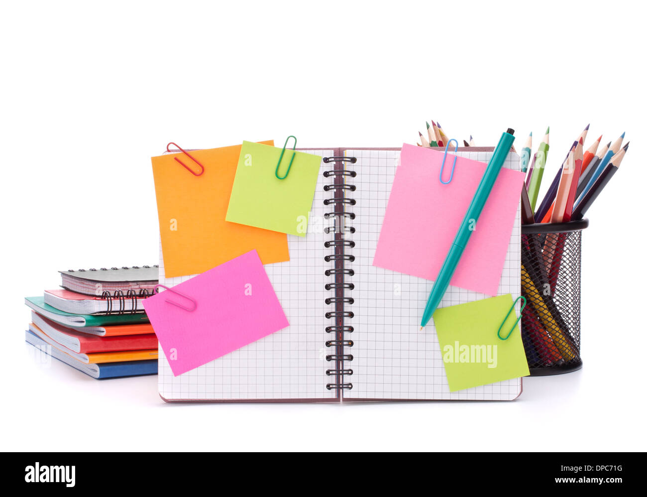Blank checked notebook with notice papers isolated on white background cutout Stock Photo