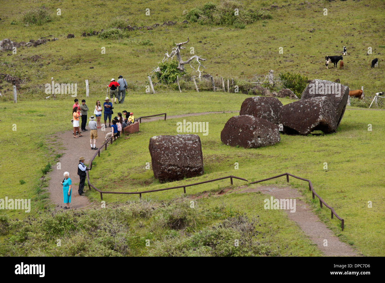 Tourists with stone topknots for moai at Puna Pau, Easter Island, Chile Stock Photo