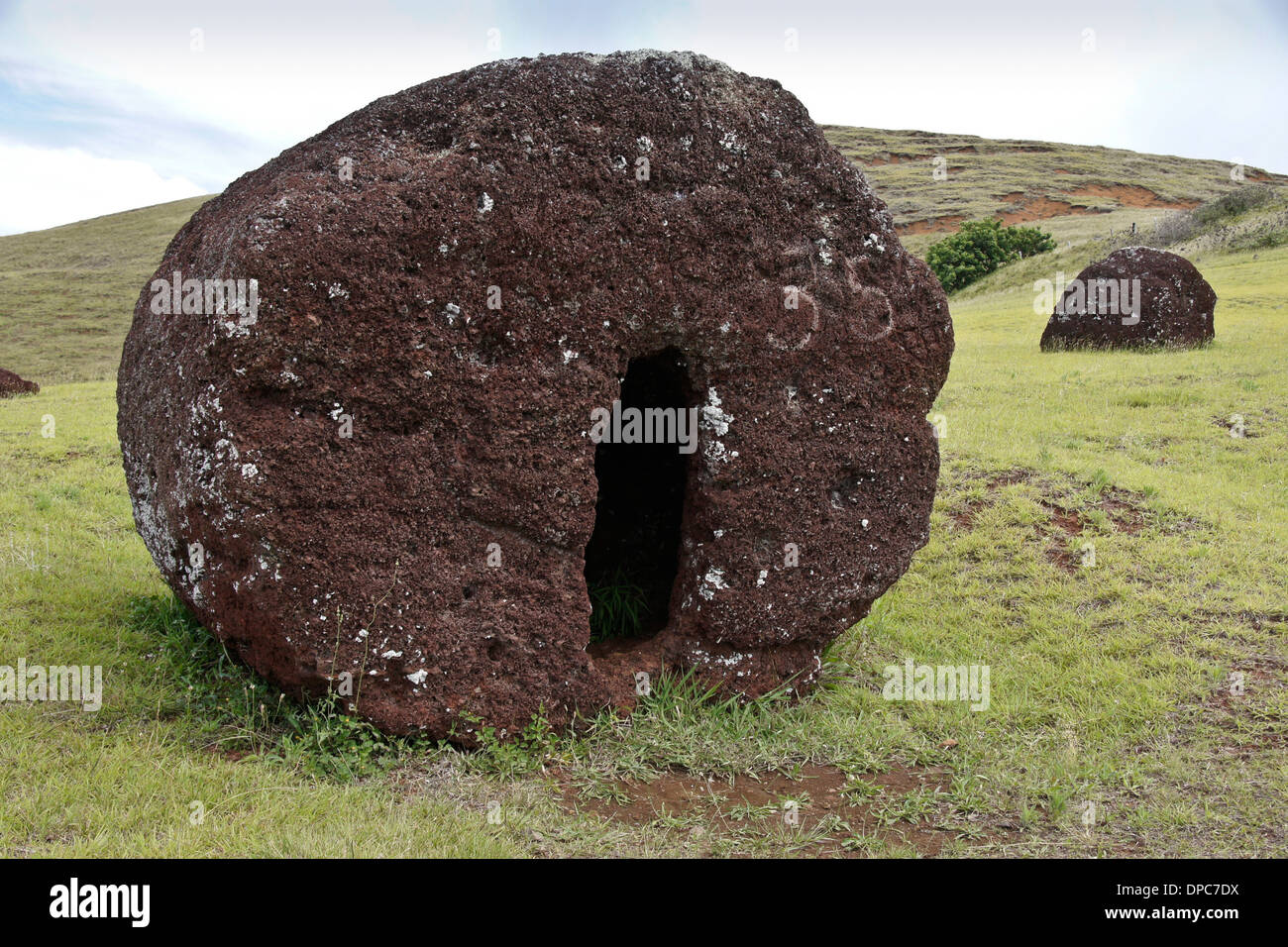 Stone topknots for moai at Puna Pau, Easter Island, Chile Stock Photo