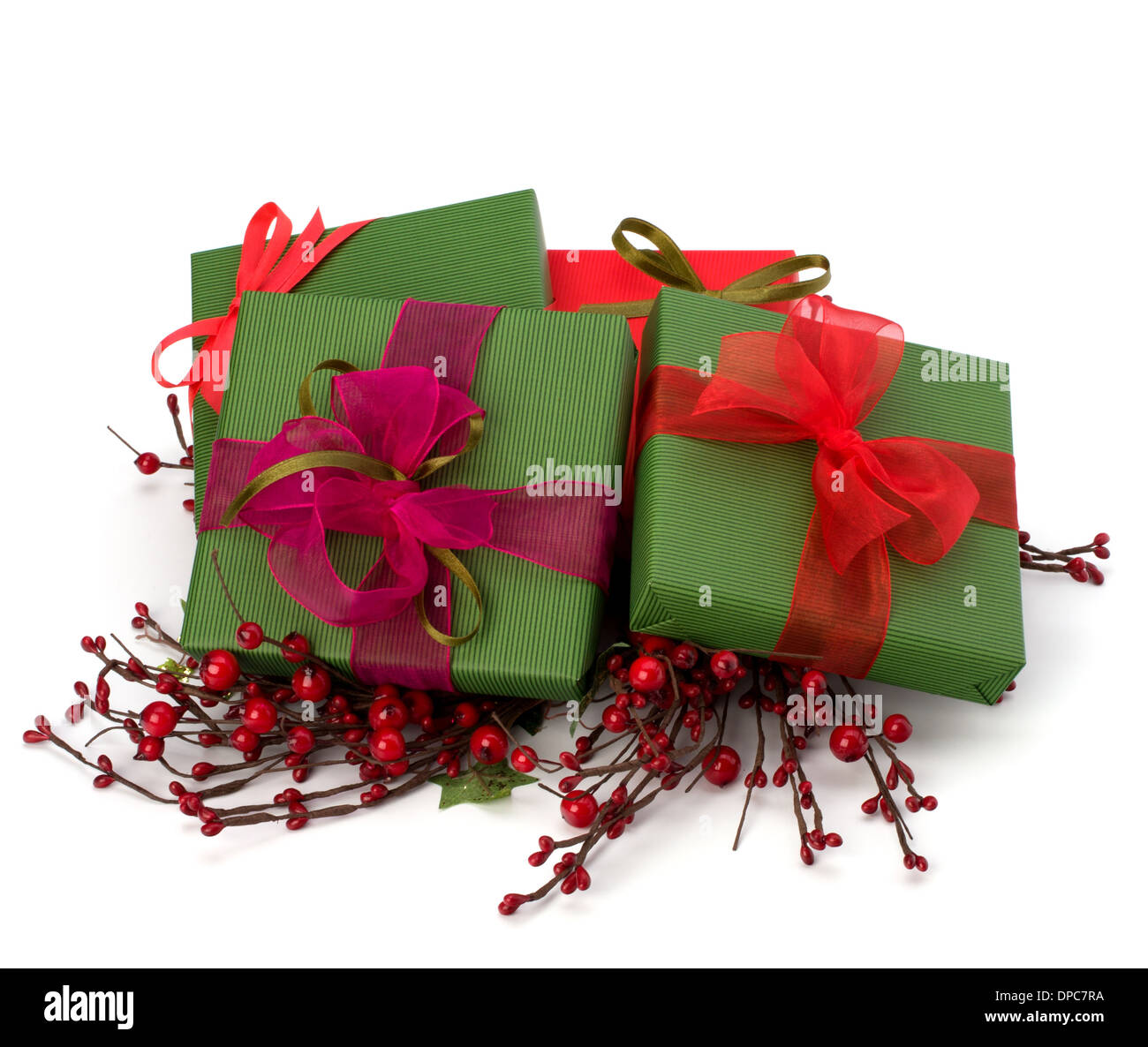 festive gift box stack isolated on white background Stock Photo - Alamy