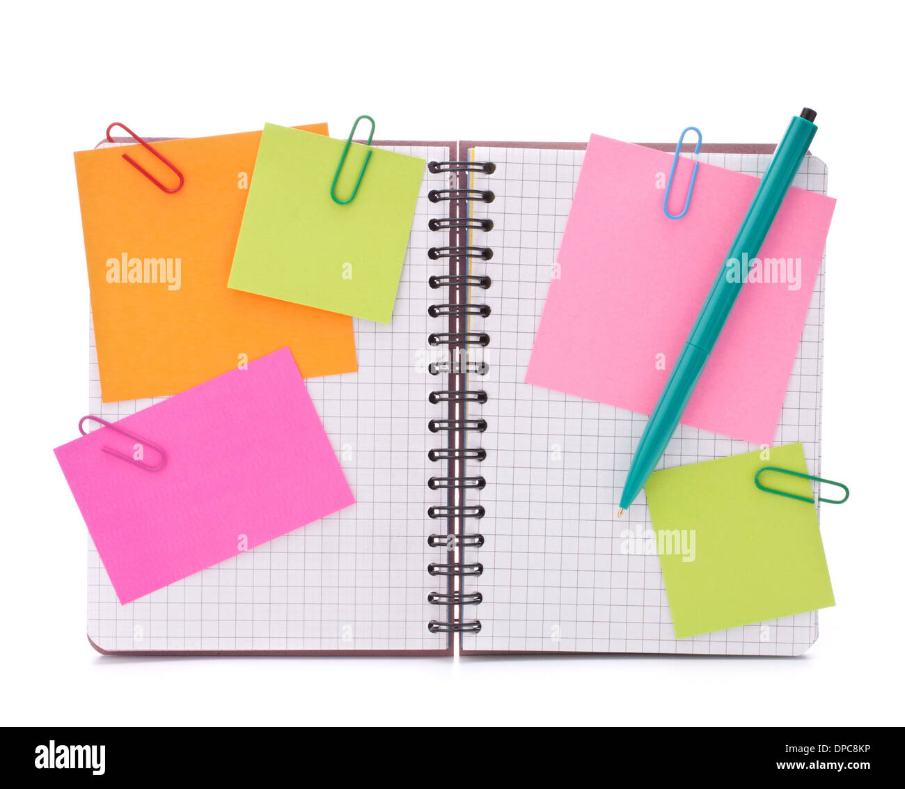 Blank checked notebook with notice papers isolated on white background cutout Stock Photo