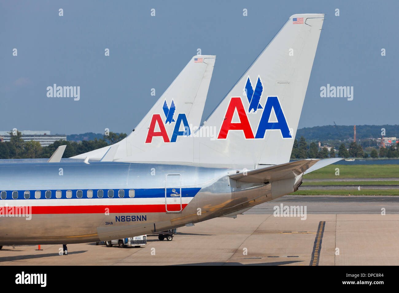 Vertical stabilizers of parked American Airlines jets - Ronald Reagan National Airport - Washington, DC USA Stock Photo