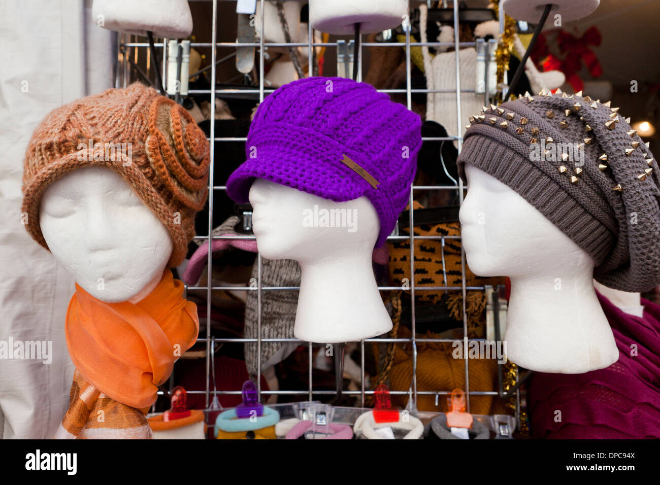 Womens knit hats on display Stock Photo