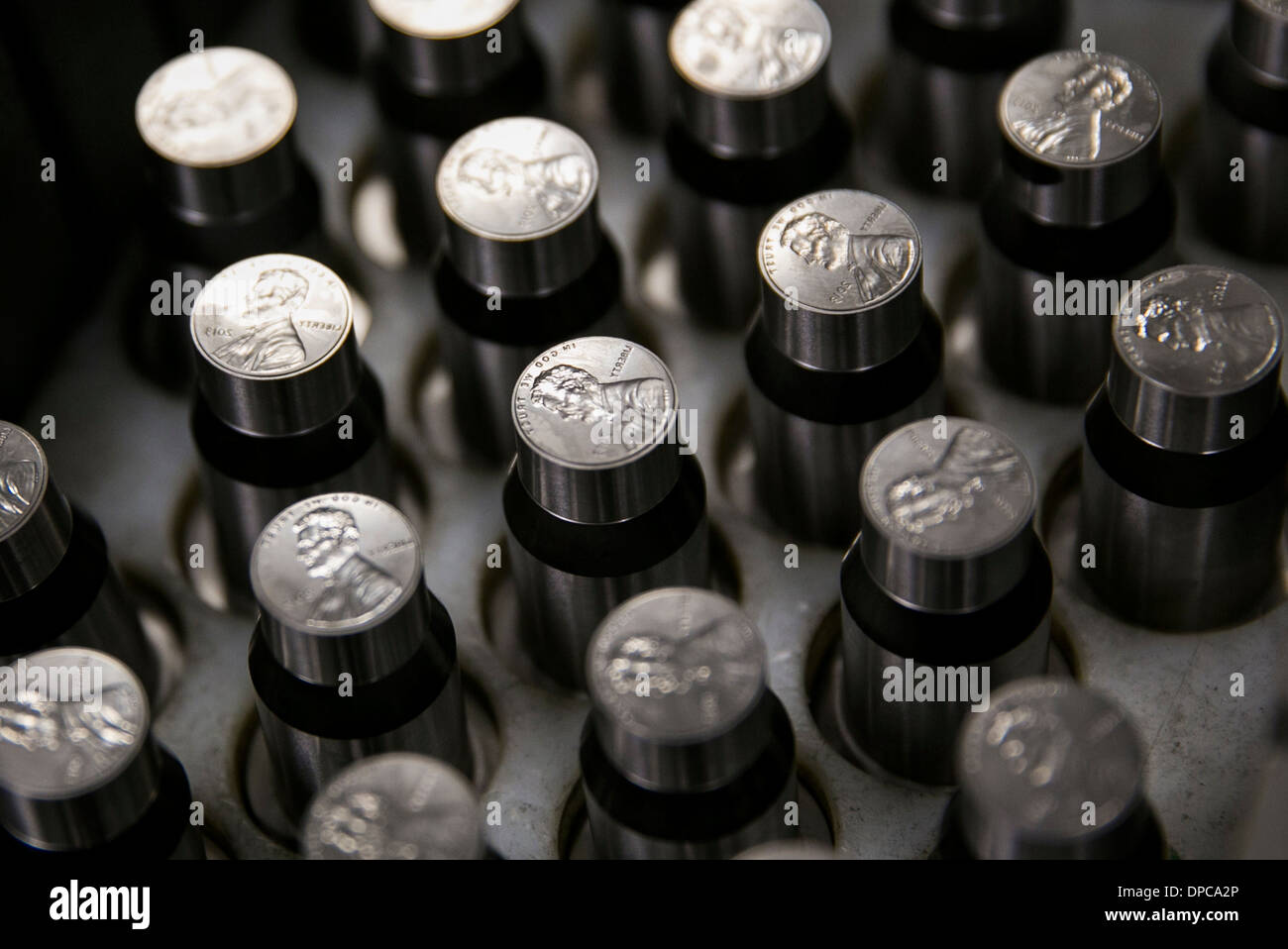 Penny coin die manufacturing at the Philadelphia branch of the United States Mint.  Stock Photo