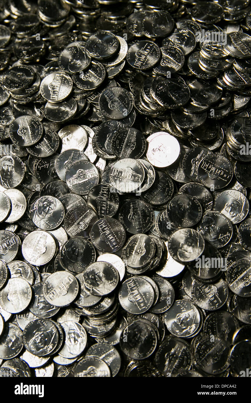 Nickel manufacturing at the Philadelphia branch of the United States Mint.  Stock Photo