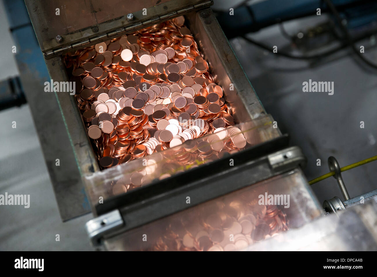 Penny manufacturing at the Philadelphia branch of the United States Mint.  Stock Photo