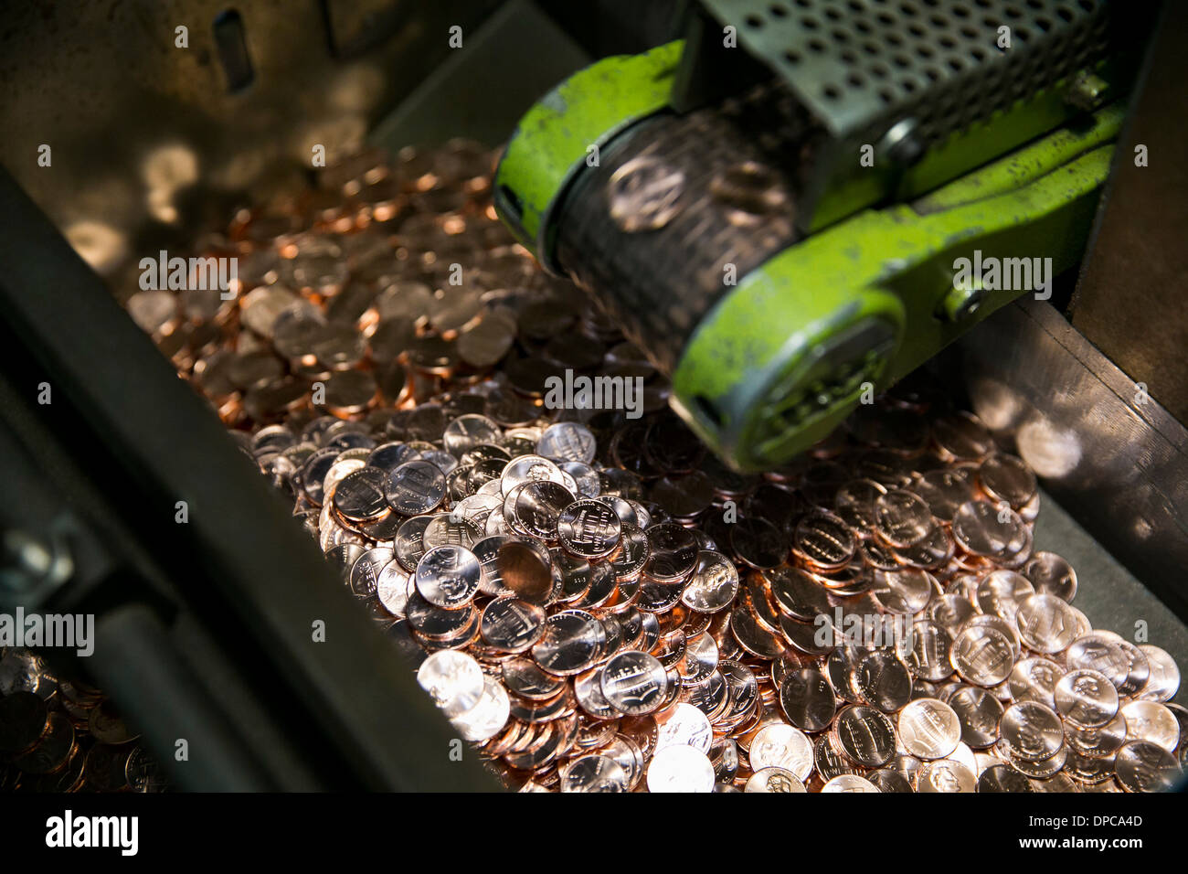 Penny manufacturing at the Philadelphia branch of the United States Mint.  Stock Photo