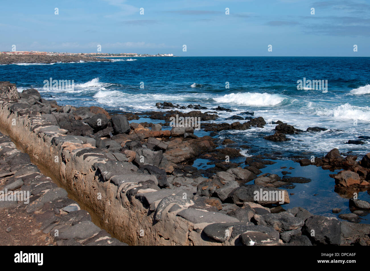 Sea shore by the salt museum near Caleta de Fuste, Fuerteventura, Canary Islands, Spain. Stock Photo