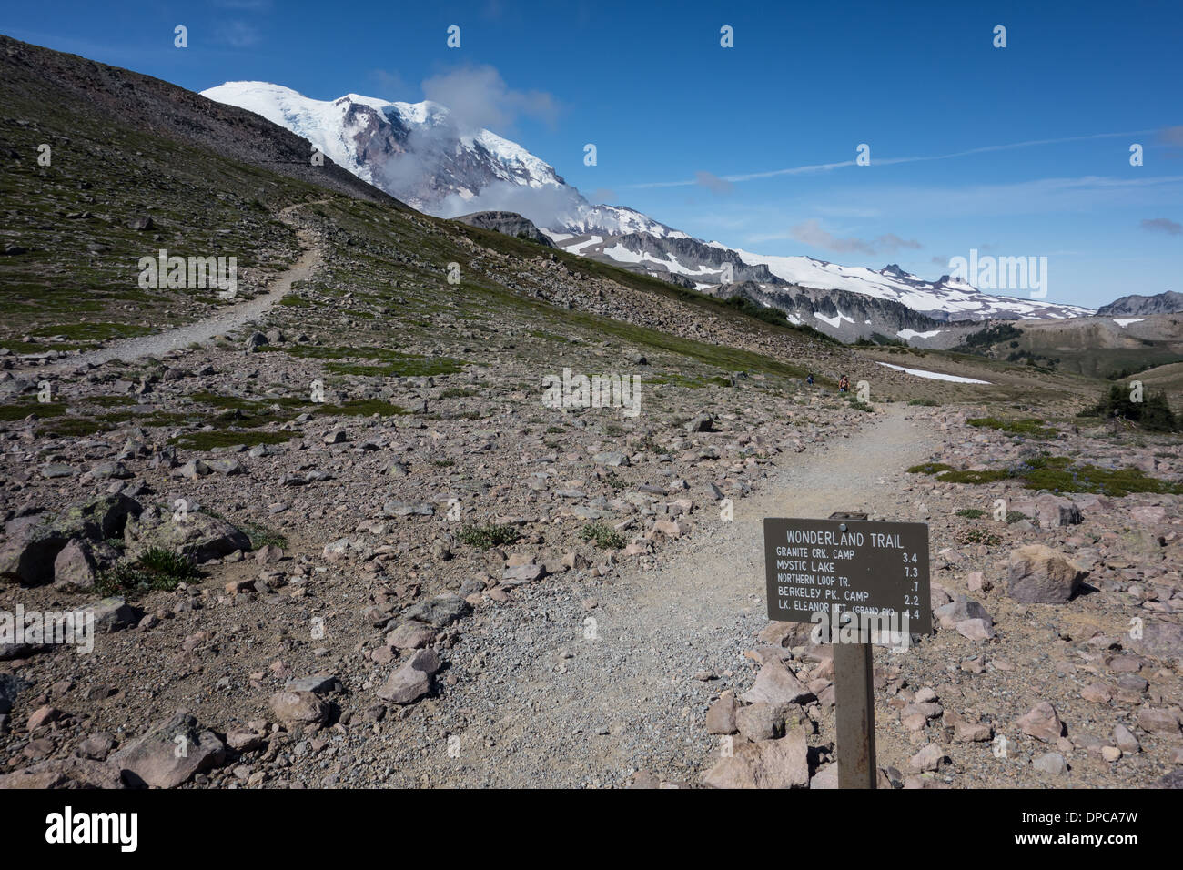 A trail distance marker sign along the Wonderland Trail in Washington State Stock Photo
