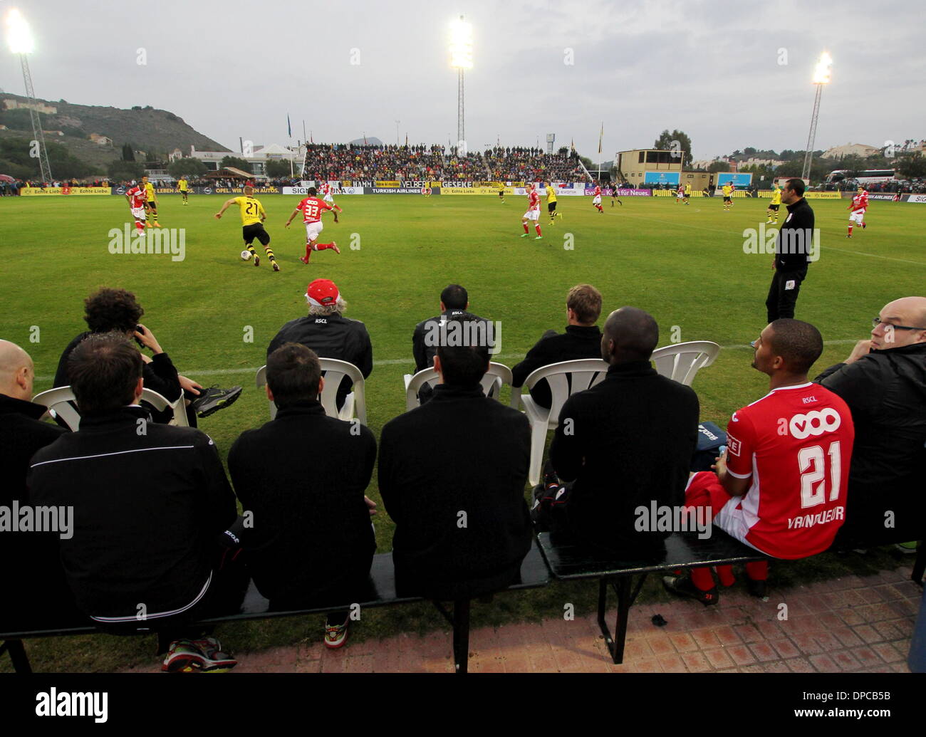 11 January 2014, La Manga Club, Spain. Borussia Dortmund v Standard Liege  Photo by Tony Henshaw View from the Liege team bench Stock Photo