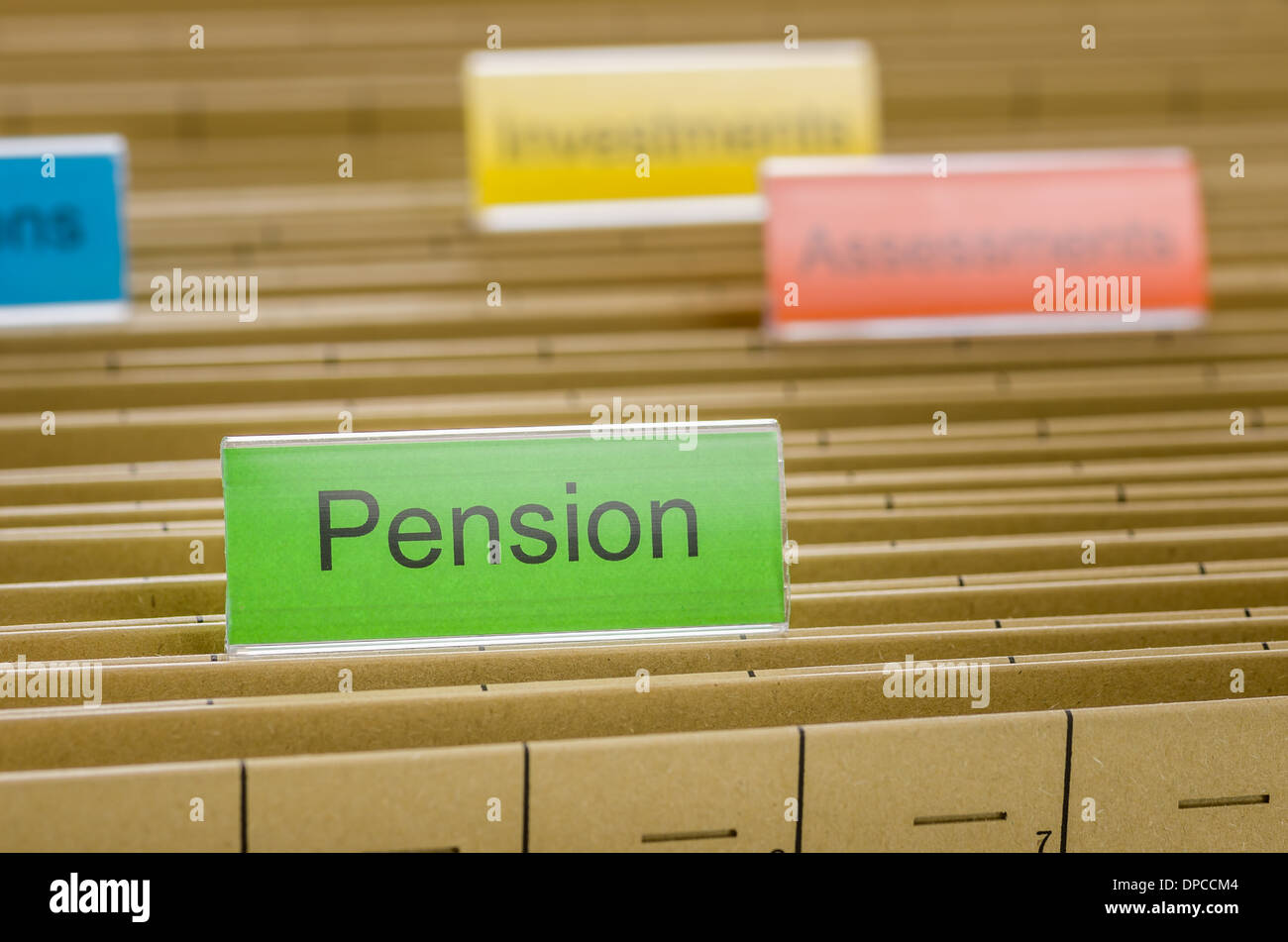 Hanging file folder labeled with Pension Stock Photo