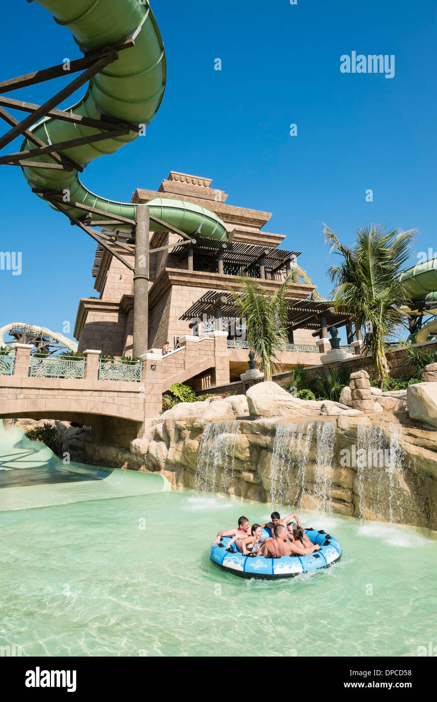 The new Tower of Poseidon flume rides at Aquaventure water park at the Atlantis Hotel on The Palm island Dubai Stock Photo