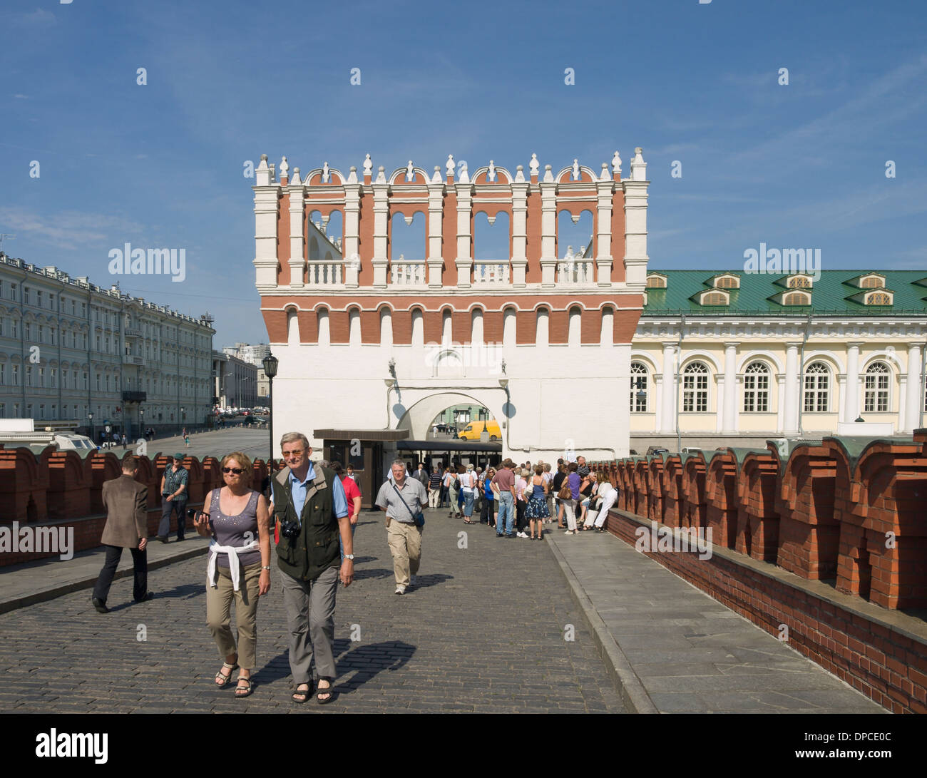 Visitors entrance to the Kremlin, Moscow Russia, tourists eager to visit the sights, a centre of power and Unesco world heritage site Stock Photo