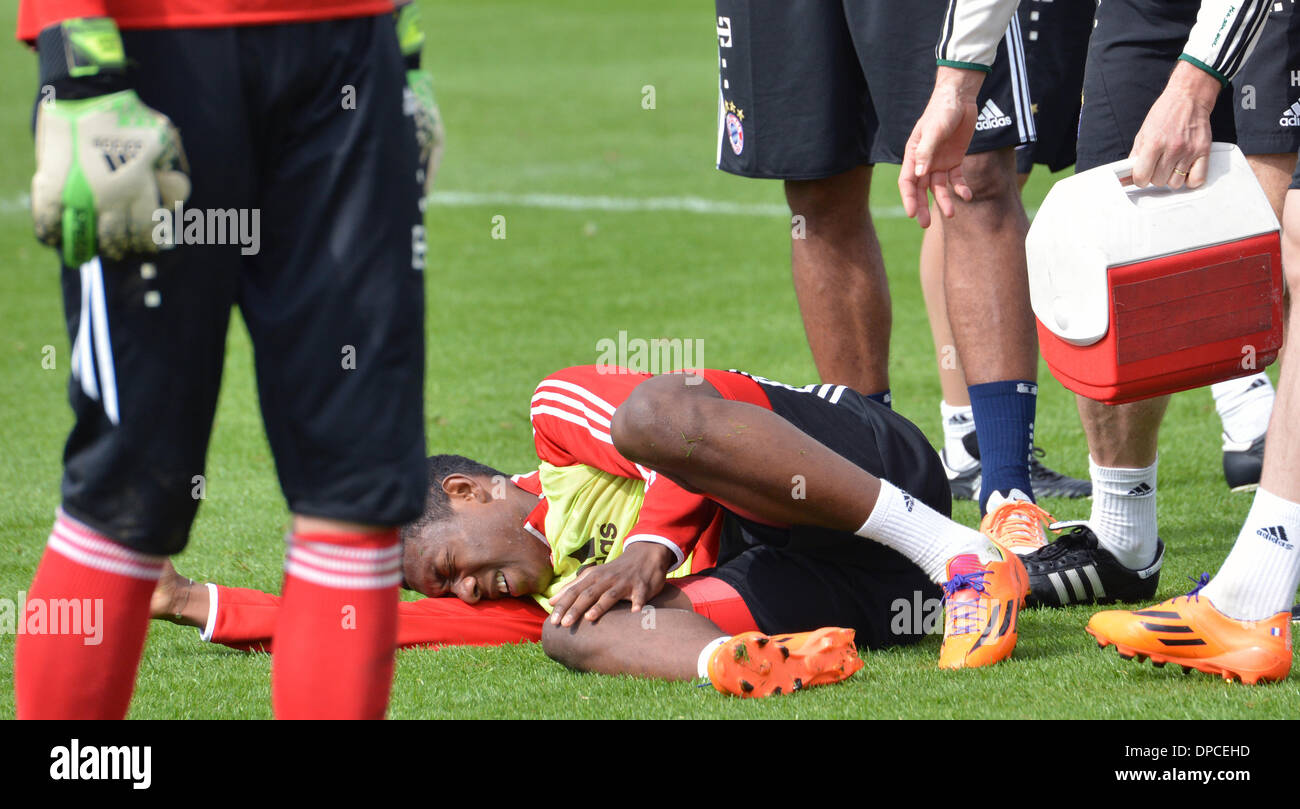 Doha, Qatar. 12th Jan, 2014. Bayer Munich's David Alaba lies on the ...