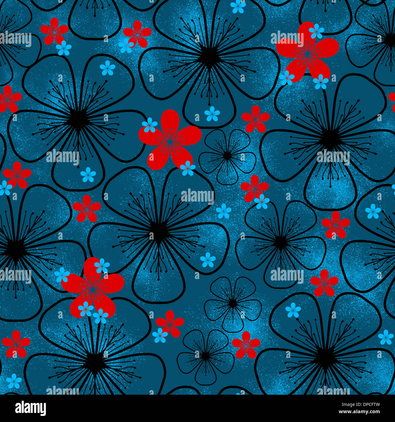 Seamless pattern with red and blue flowers on a dark blue background ...