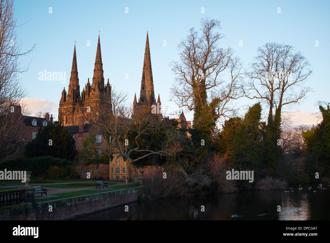 Lichfield Cathedral and Minster Pool in the winter Stock Photo