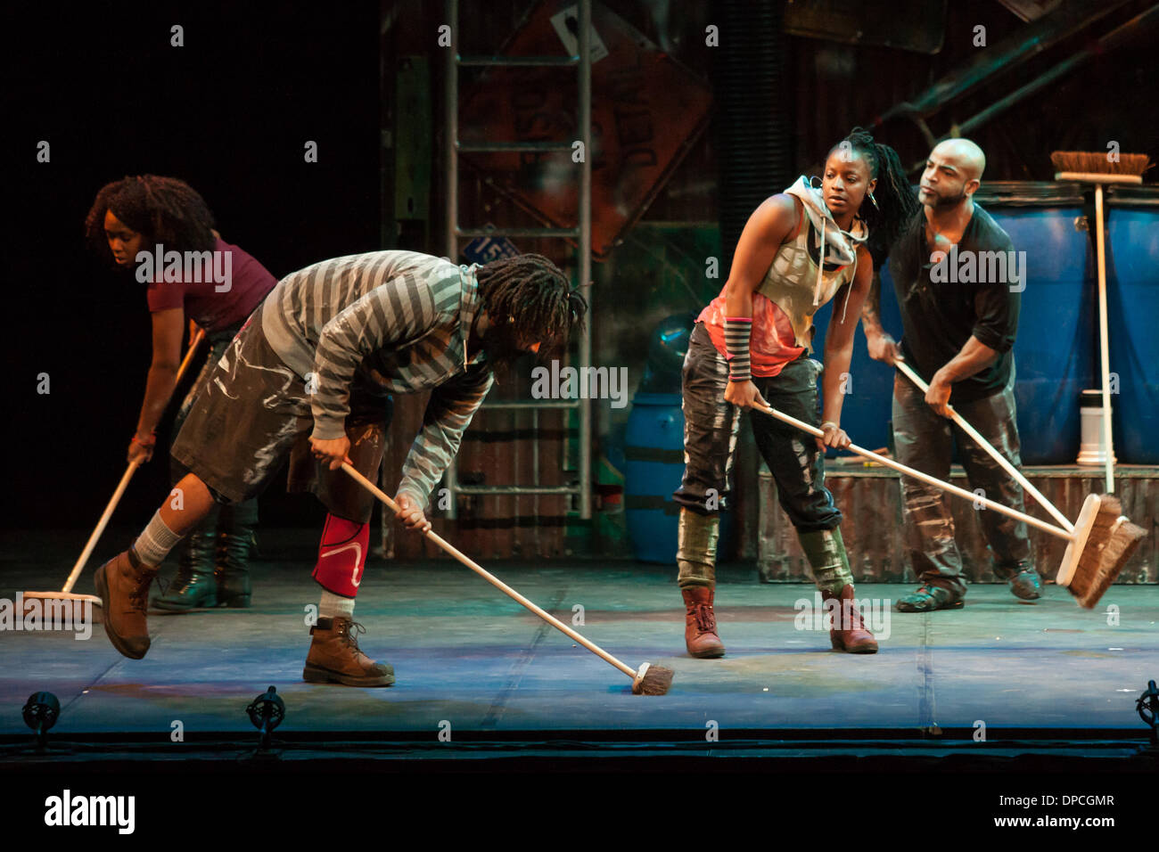 Stomp, the percussion musical that originated in Brighton, England, performs in London Ontario, Canada on March 11, 2014. The musical act uses ordinary objects and individual movements to create a 'physical theatre' performance. Stock Photo