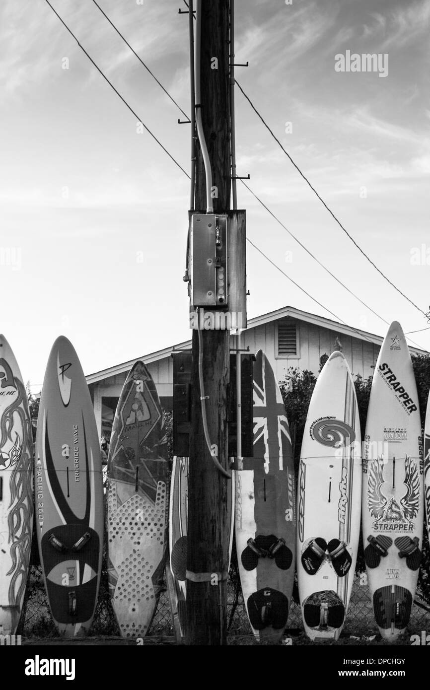 Black and White image of a Surfboard Fence at Paia, Maui, Hawaii Stock Photo