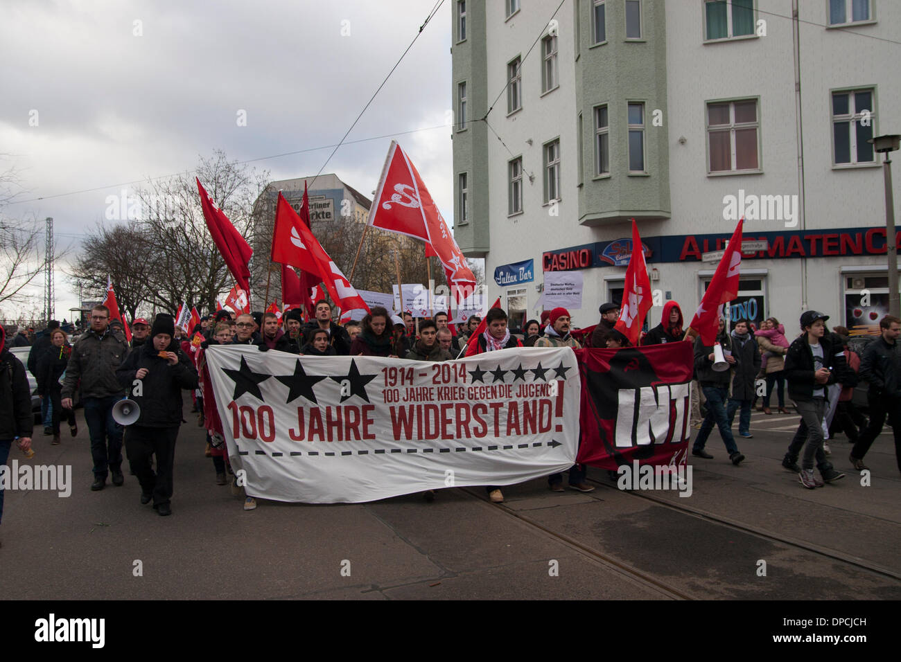 12th Jan. 2014. Berlin, Germany. Liebknecht-Luxemburg-Demonstration 2014 in remembrance of Rosa Luxemburg and Karl Liebknecht, for internationalism and against war. Stock Photo