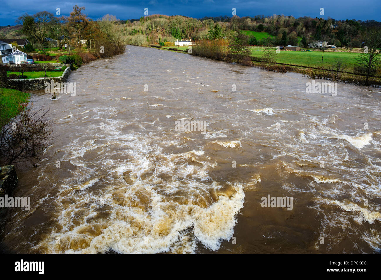 The river Clyde in full flood at Crossford, South Lanarkshire Stock