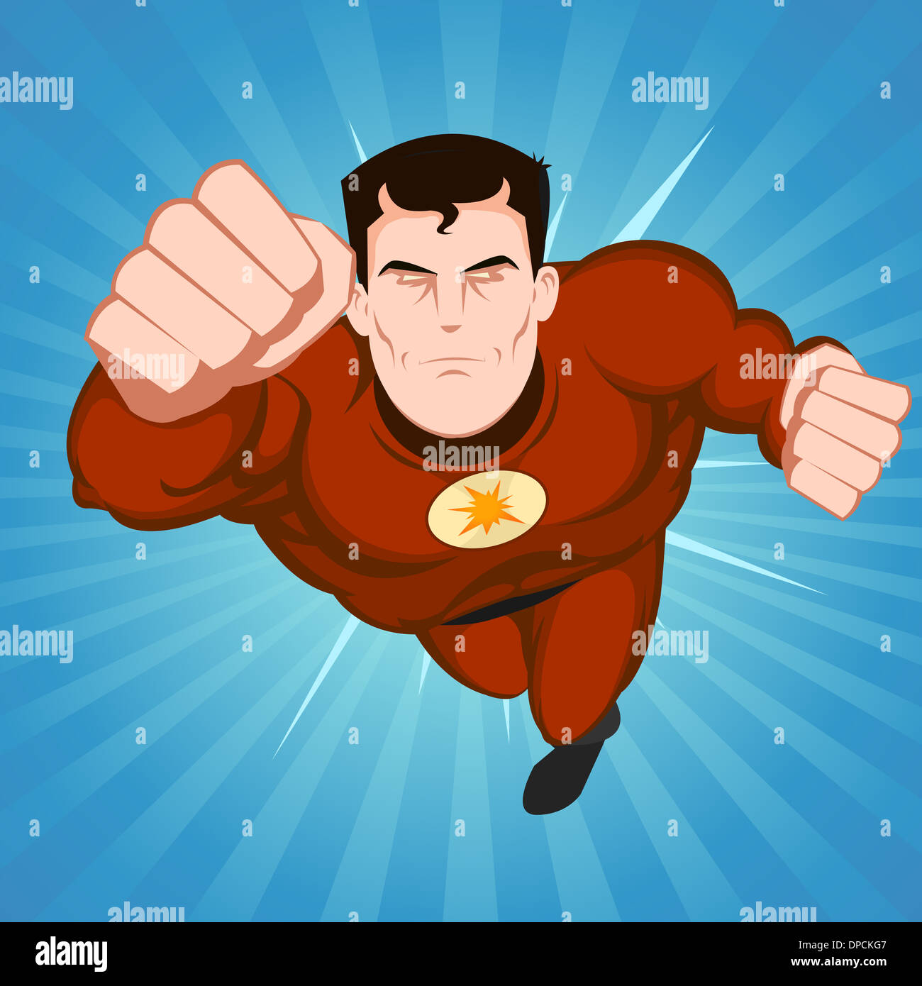 Illustration of a flying comic superhero character with red disguise on a  blue beams background Stock Photo - Alamy