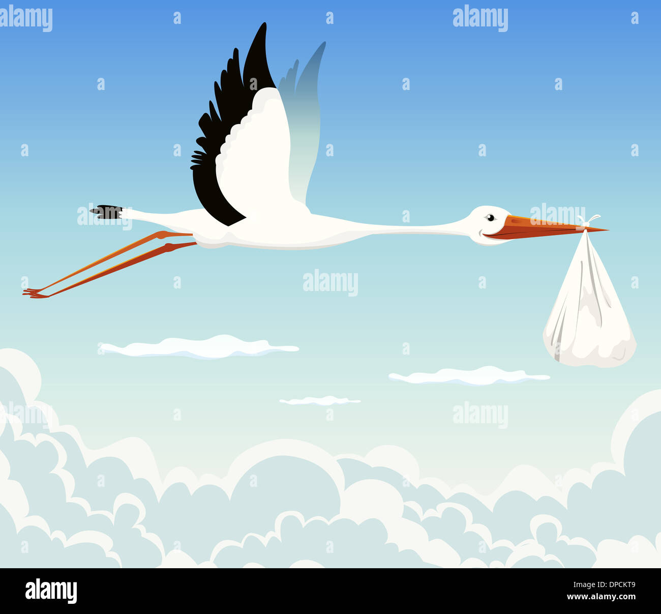 Illustration of a stork delivering baby in a bag for birth announcement, newborn holidays celebration and anniversaries Stock Photo