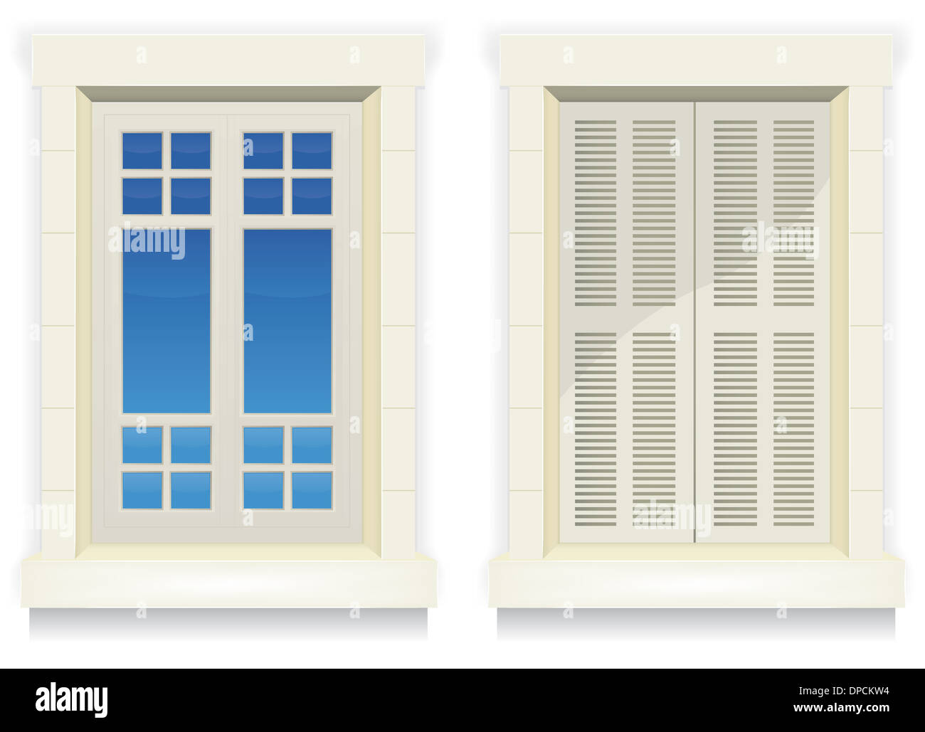 Illustration of separated exterior home windows with and without closed flap Stock Photo