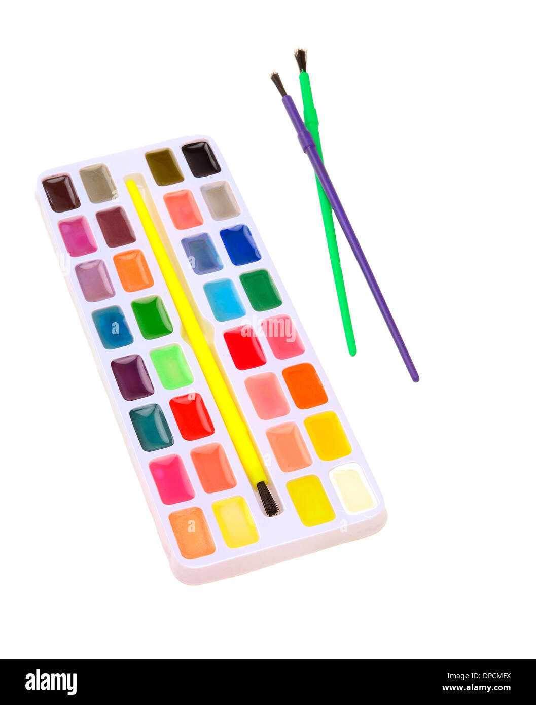 Watercolor paints and brushes for school Stock Photo