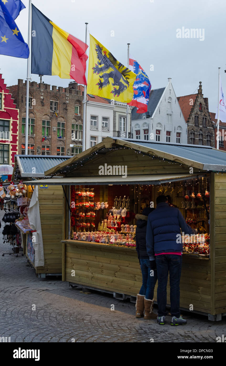Belgium Brugge Christmas market decorations market stall Stock Photo